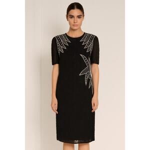 Vintage Womens 1X Silk Beaded Evening Dress Formal Black Floral Short Sleeve